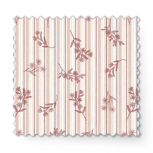 Patrón de rayas verticales en tonos rosado pálido y crema con delicados motivos florales de ramas y hojas fabric swatch mockup