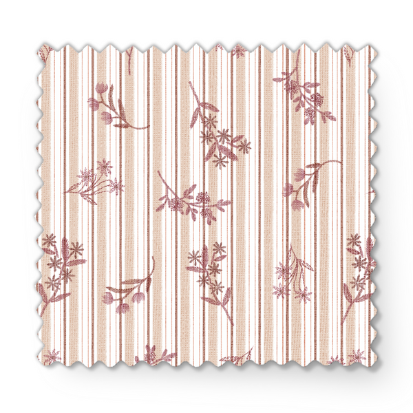 Patrón de rayas verticales en tonos rosado pálido y crema con delicados motivos florales de ramas y hojas fabric swatch mockup