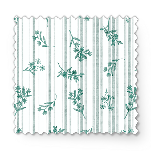 Patrón decorativo con rayas verticales y motivos florales de ramas verdes sobre fondo blanco fabric swatch mockup