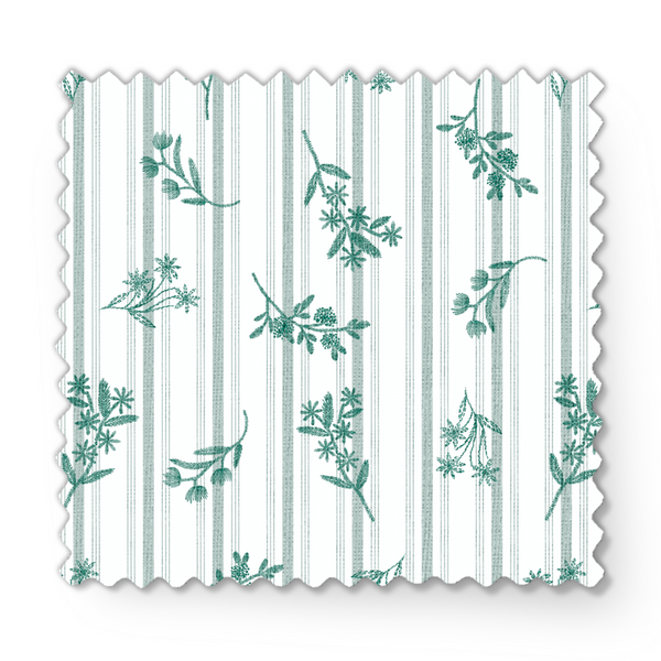 Patrón decorativo con rayas verticales y motivos florales de ramas verdes sobre fondo blanco fabric swatch mockup