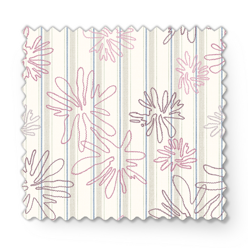 Patrón floral con flores rosado pálido sobre fondo de rayas verticales en tonos crema y beige fabric swatch mockup