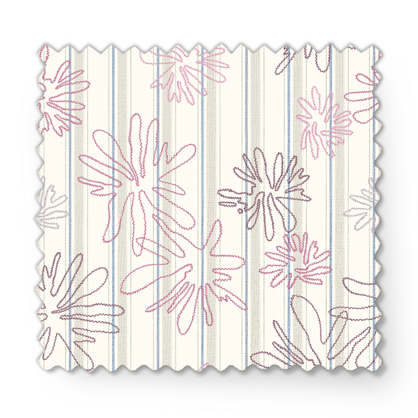 Patrón floral con flores rosado pálido sobre fondo de rayas verticales en tonos crema y beige fabric swatch mockup