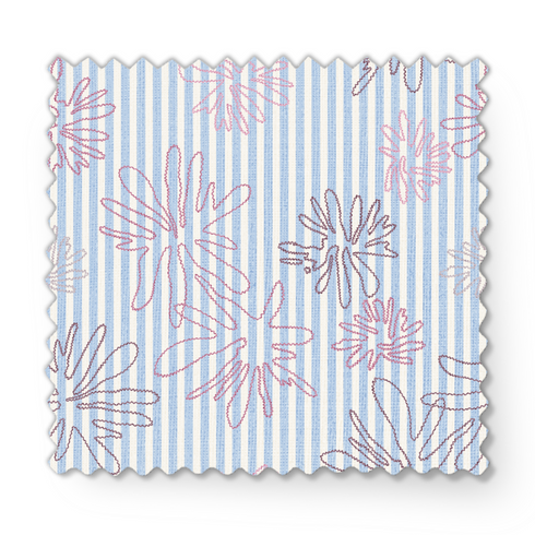 Patrón de flores rosadas sobre rayas azules y blancas verticales, diseño floral delicado y fresco fabric swatch mockup