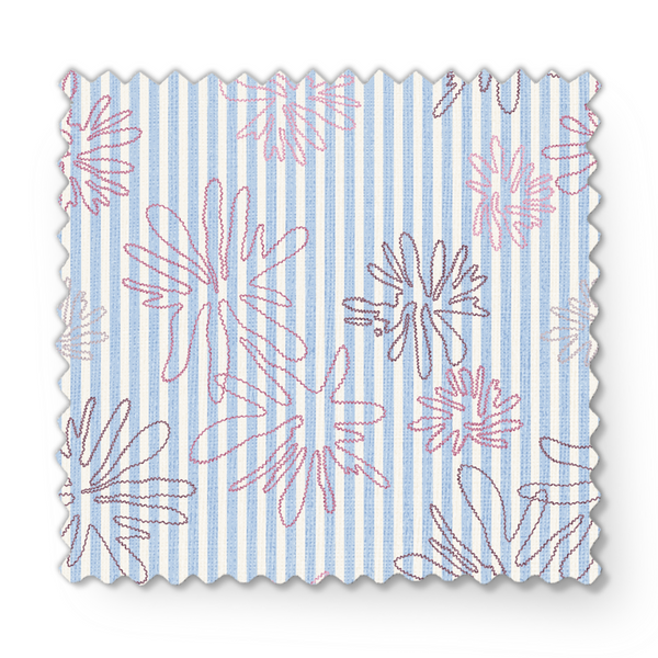 Patrón de flores rosadas sobre rayas azules y blancas verticales, diseño floral delicado y fresco fabric swatch mockup