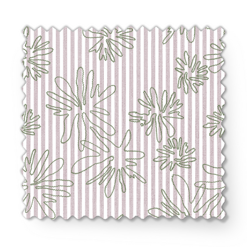 Patrón de líneas rosado pálido con flores estilizadas beige sobre fondo rayado vertical fabric swatch mockup