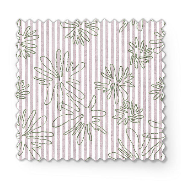 Patrón de líneas rosado pálido con flores estilizadas beige sobre fondo rayado vertical fabric swatch mockup