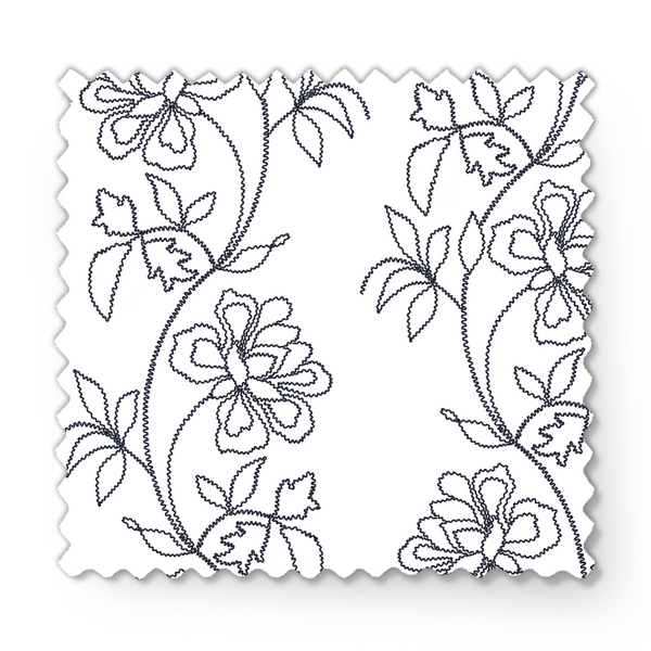 Patrón estampado floral con flores y hojas sobre fondo blanco, diseño botánico delicado fabric swatch mockup
