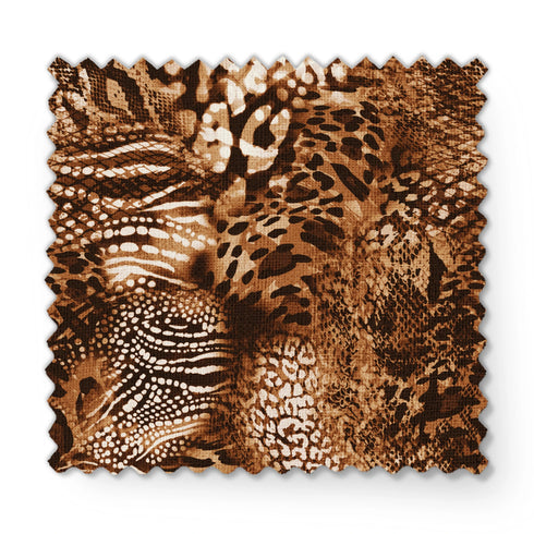 Estampado animal print con leopardo, serpientes y motivos abstractos en tonos café, negro y crema fabric swatch mockup