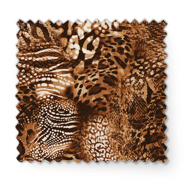 Estampado animal print con leopardo, serpientes y motivos abstractos en tonos café, negro y crema fabric swatch mockup