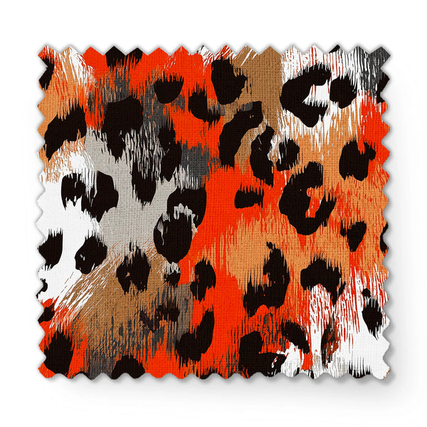 Estampado abstracto con manchas de leopardo en naranja, negro, blanco y café fabric swatch mockup