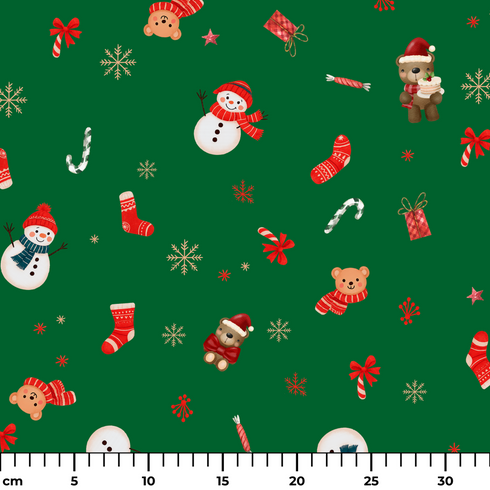 Patrón navideño sobre fondo verde con muñecos de nieve, calcetines, bastones de caramelo y copos de nieve ruler cm