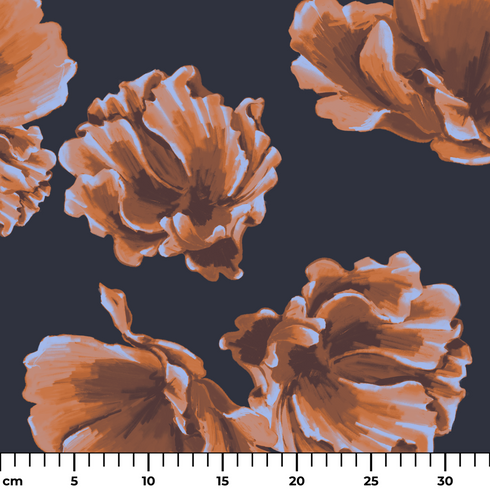 Flores estilizadas en tonos ocre y marrón sobre fondo negro oscuro, diseño artístico botánico decorativo ruler cm