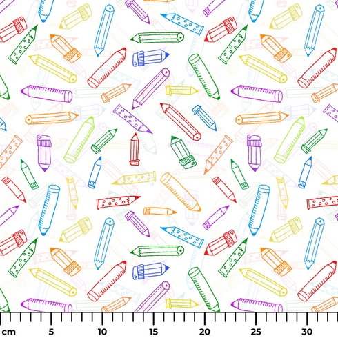 Patrón colorido de lápices y crayones dibujados en estilo lineal sobre fondo blanco ruler cm