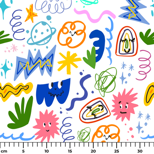 Coloridos dibujos doodle infantiles con formas abstractas, espirales, estrellas y líneas onduladas en azul, amarillo, rosa y verde. ruler cm