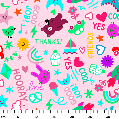 Fondo rosa con dibujos coloridos y palabras positivas como "gracias", "genial" y "amigos ruler cm