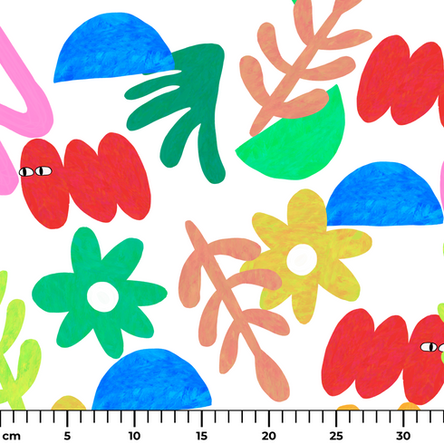 Collage colorido con formas abstractas: flores amarillas, semicírculos azules, líneas onduladas y elementos orgánicos en diversos colores brillantes. ruler cm