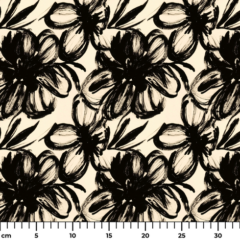 Patrón floral artístico en blanco y negro con flores grandes de trazos expresivos y hojas estilizadas. ruler cm