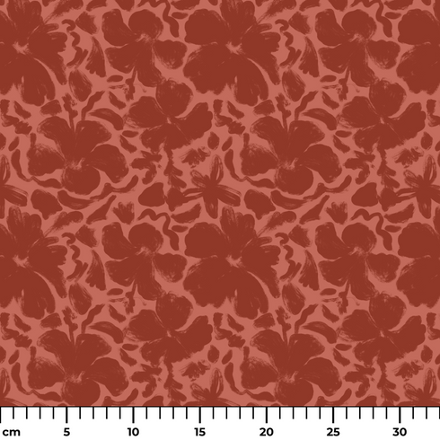 Red-brown floral pattern with abstract flowers on a lighter coral background ruler cm