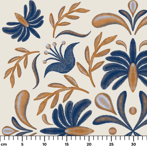 Diseño floral simétrico con motivos azules y marrón dorado en estilo folk, ornamento decorativo tradicional ruler cm