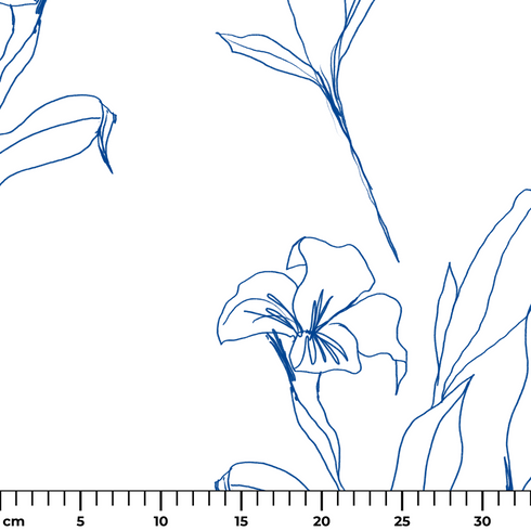 Patrón botánico de líneas azules que muestra flores y hojas en un estilo de dibujo minimalista sobre fondo blanco. ruler cm
