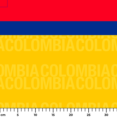 Bandera amarilla con texto azul "COLOMBIA" invertido, bordes rojos laterales ruler cm