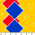 Diseño decorativo amarillo con patrón geométrico de rombos azules y rojos, texto "Virginia 2026 ruler cm