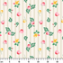 Patrón floral con rosas rosadas y amarillas sobre fondo de rayas beige y crema con hojas verdes ruler cm