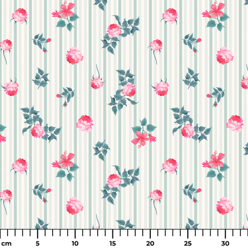 Patrón floral con rosas rosadas sobre fondo de rayas verticales grises y blancas ruler cm