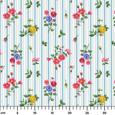 Patrón floral con rosado, amarillo y azul sobre rayas verticales azules y blancas ruler cm