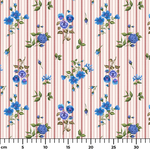 Patrón floral con rosas azules sobre fondo de rayas rosadas y blancas verticales delicadas ruler cm