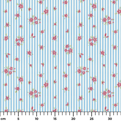 Patrón de rayas azul cielo con flores rosadas pequeñas dispersas sobre fondo blanco ruler cm