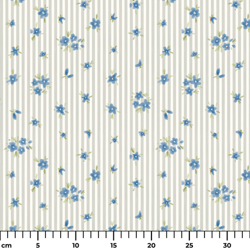 Patrón de flores azules pequeñas sobre fondo de rayas beige y blanco, estilo delicado y fresco ruler cm