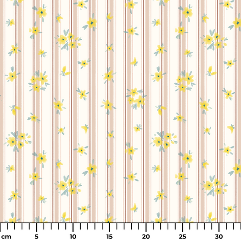 Patrón delicado con flores amarillas pequeñas sobre fondo de rayas rosado y crema suave ruler cm