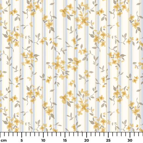 Patrón floral delicado con flores amarillas y hojas grises sobre rayas verticales en fondo crema ruler cm