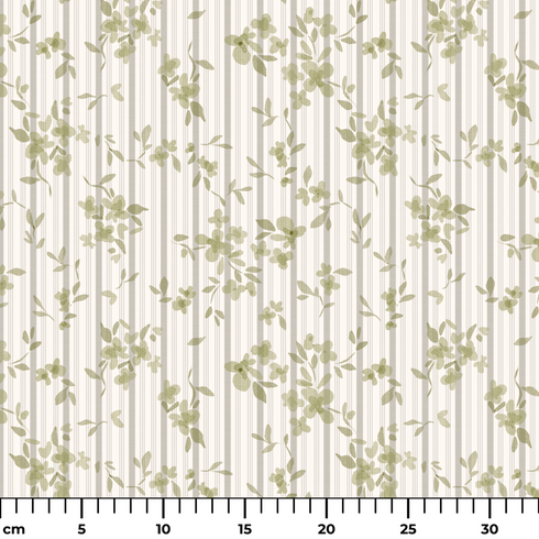Patrón delicado de ramas verdes sobre rayas verticales beige y crema con estilo botánico suave ruler cm