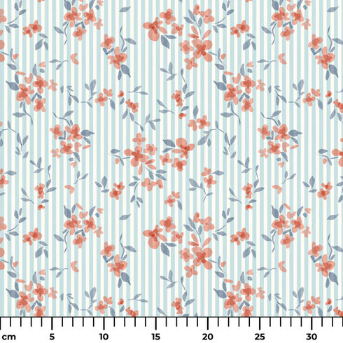 Patrón floral coral y gris sobre rayas azul cielo, flores delicadas con hojas decorativas ruler cm