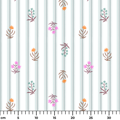 Patrón de rayas verticales gris con pequeños motivos florales en rosado, naranja y verde agua dispersos ruler cm