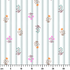 Patrón de rayas verticales gris con pequeños motivos florales en rosado, naranja y verde agua dispersos ruler cm