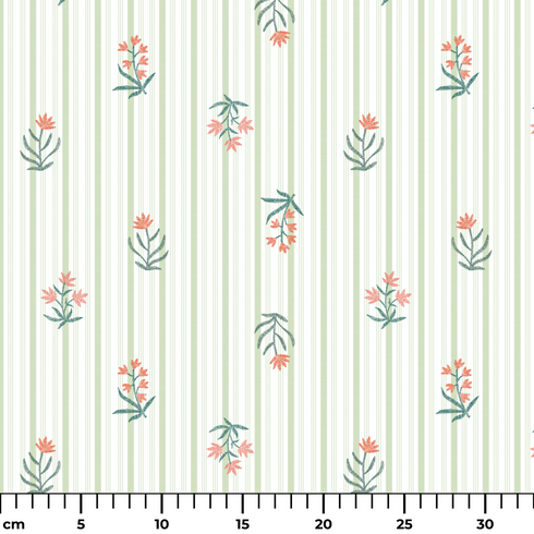 Patrón de rayas verdes con flores coral y hojas dispersas sobre fondo crema ruler cm