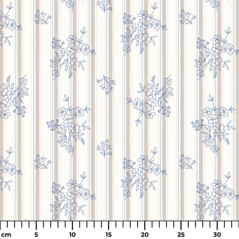 Patrón de rayas verticales con motivos florales delicados en tonos azules sobre fondo crema ruler cm