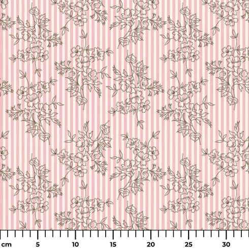 Patrón rosado con rayas verticales y estampado florales de ramas delicadas en gris ruler cm