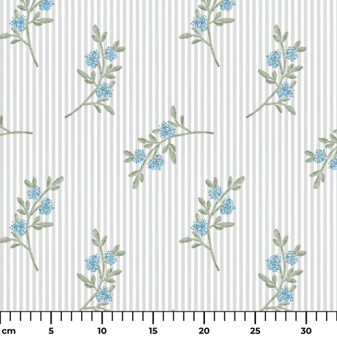 Patrón floral azul con ramas delicadas sobre fondo de rayas blancas y grises, estilo botánico ruler cm