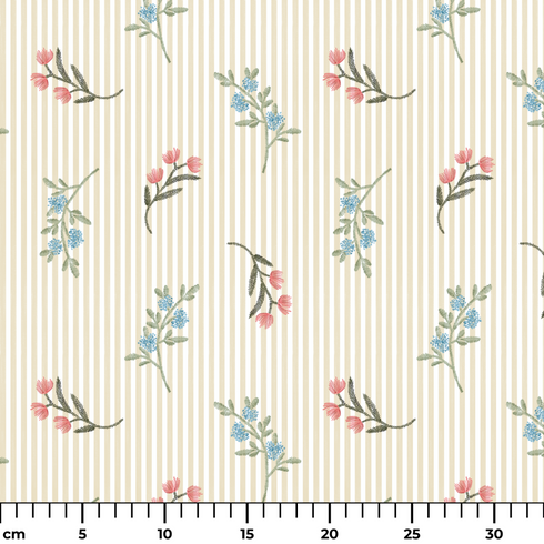 Patrón de rayas beige con flores rosadas y azules delicadas sobre fondo de líneas verticales ruler cm