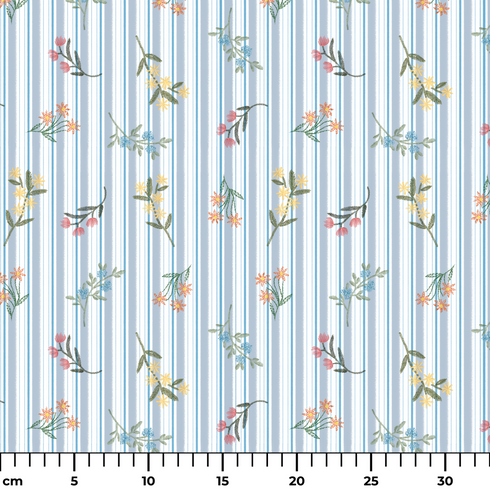 Patrón floral con líneas verticales en tonos azules, flores rosadas y amarillas sobre fondo rayado ruler cm