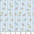 Patrón floral con líneas verticales en tonos azules, flores rosadas y amarillas sobre fondo rayado ruler cm