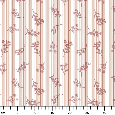 Patrón de rayas verticales en tonos rosado pálido y crema con delicados motivos florales de ramas y hojas ruler cm