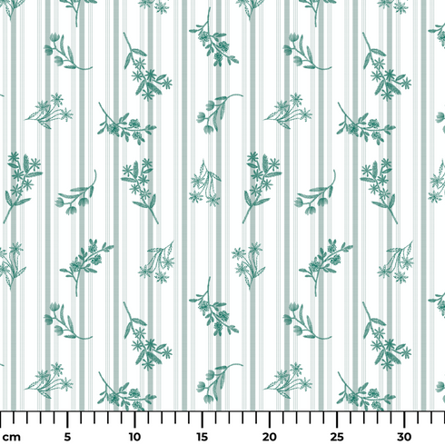 Patrón decorativo con rayas verticales y motivos florales de ramas verdes sobre fondo blanco ruler cm