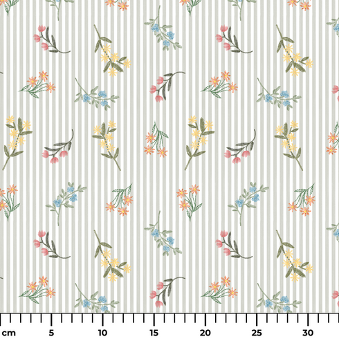 Patrón delicado de flores pequeñas en tonos rosado, amarillo y azul sobre fondo gris con rayas blancas ruler cm