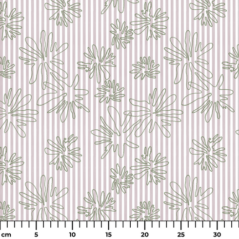 Patrón de líneas rosado pálido con flores estilizadas beige sobre fondo rayado vertical ruler cm