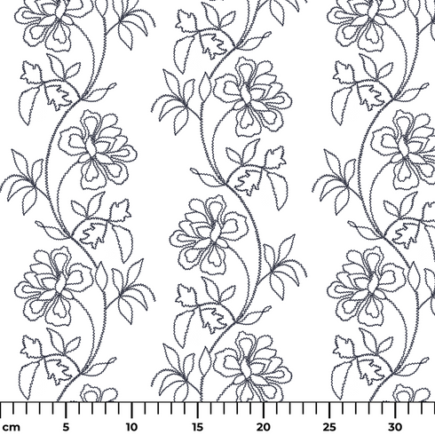Patrón estampado floral con flores y hojas sobre fondo blanco, diseño botánico delicado ruler cm